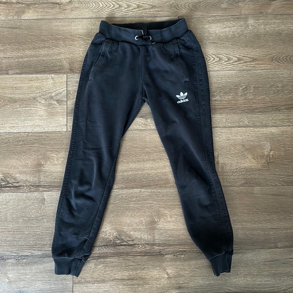 Adidas French Terry Sweatpants, all black with black stripes and white logo - XS